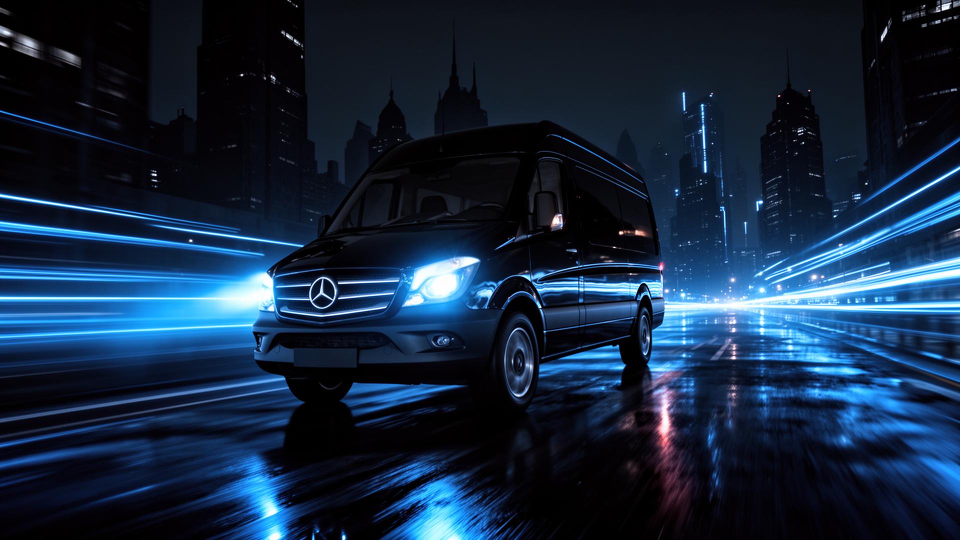 Black Mercedes Sprinter delivery van speeding through a city at night with electric blue light trails